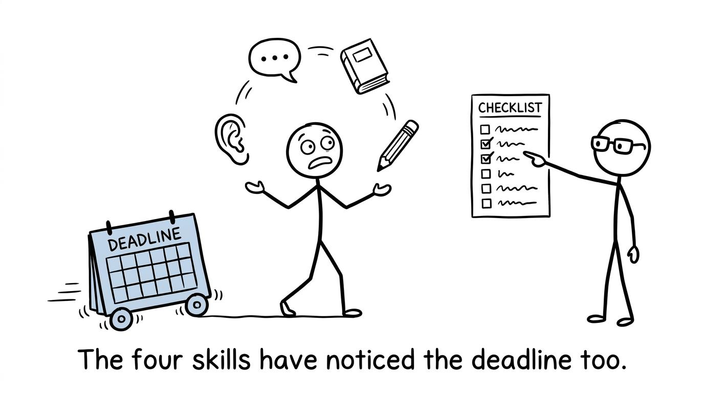 A GCSE student juggling the four language skills as a deadline approaches