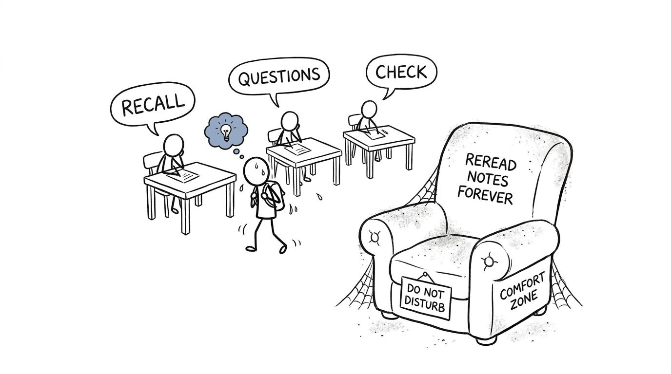 A student rotates between recall, questions and checking instead of rereading forever