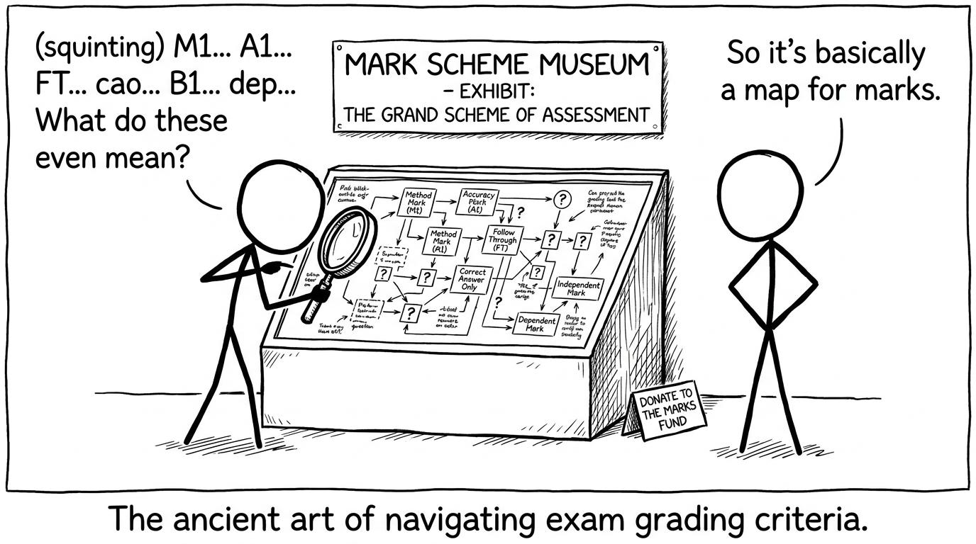 Reading mark scheme codes like a museum exhibit