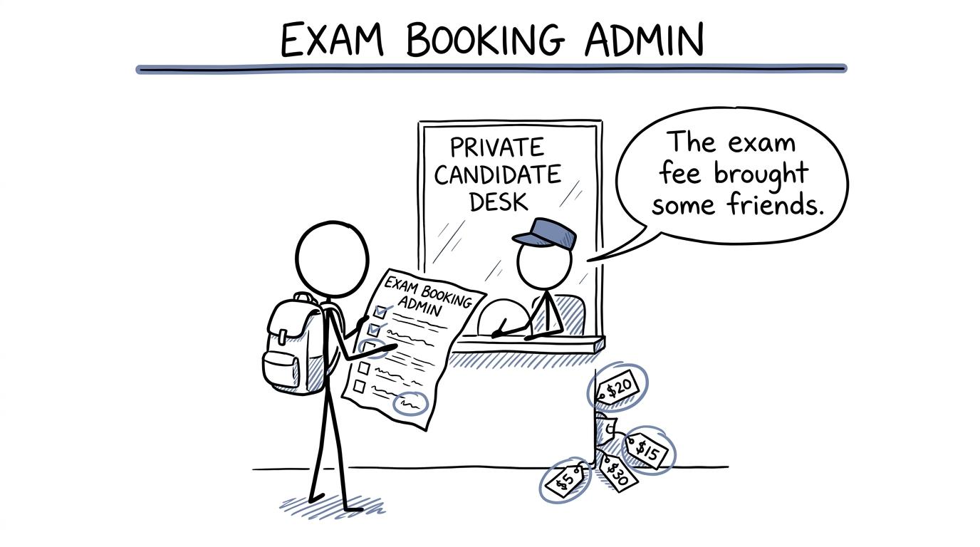A private candidate discovers that an exam fee has brought several administrative friends