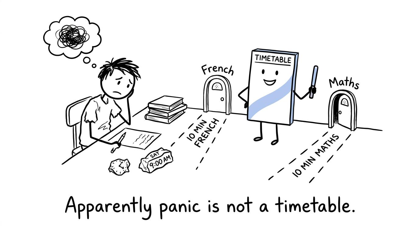 A student being directed into separate French and maths revision lanes by a timetable