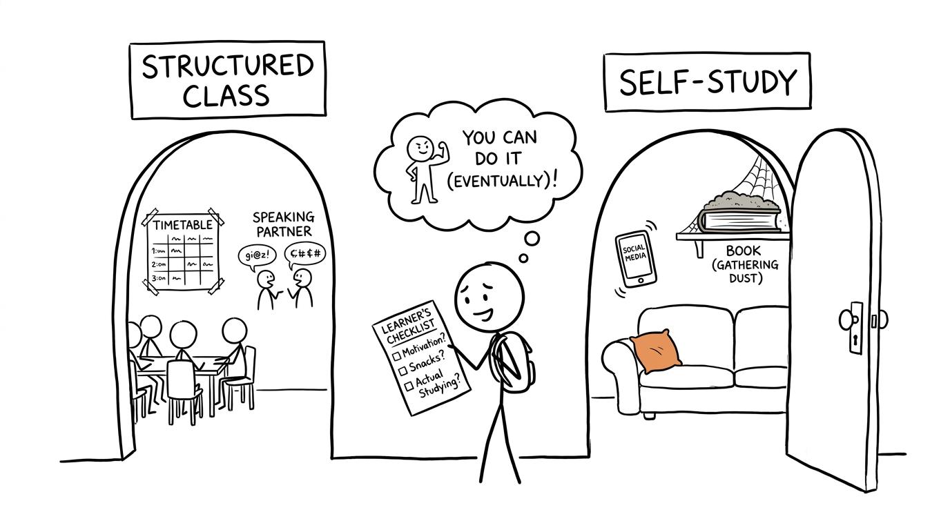 A learner choosing between a structured class and self-study