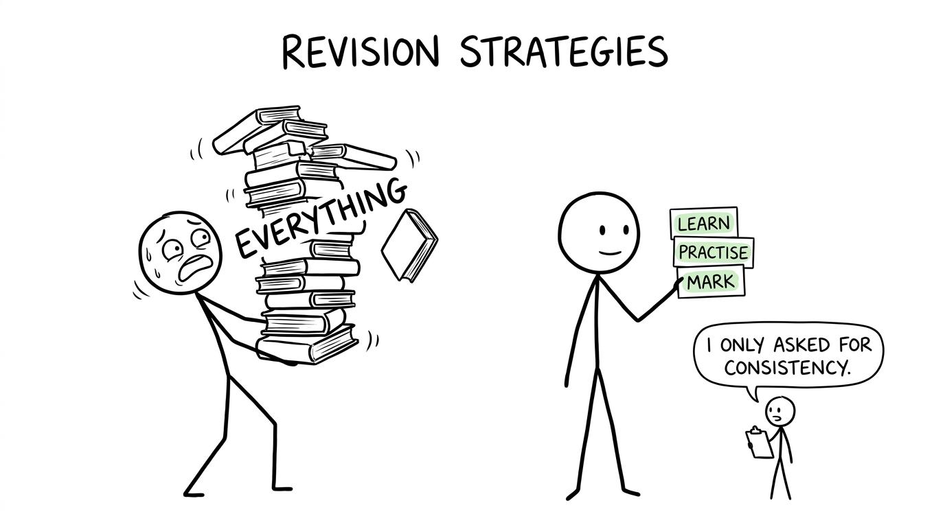 One student carries an impossible pile of revision while another follows a calm learn, practise and mark routine