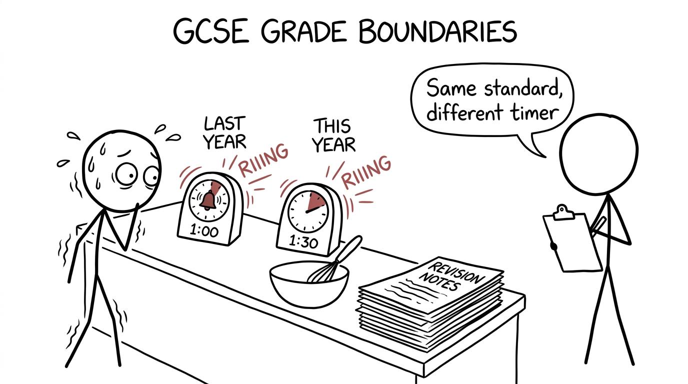 A student compares two differently timed assessments while an examiner explains that the standard stays the same