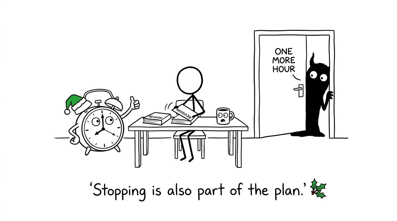A student closes the revision book while the one-more-hour monster waits outside
