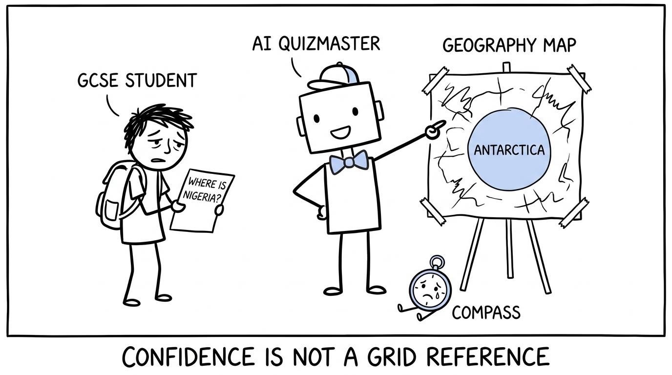 A robot confidently misplaces a map while a student checks its answer