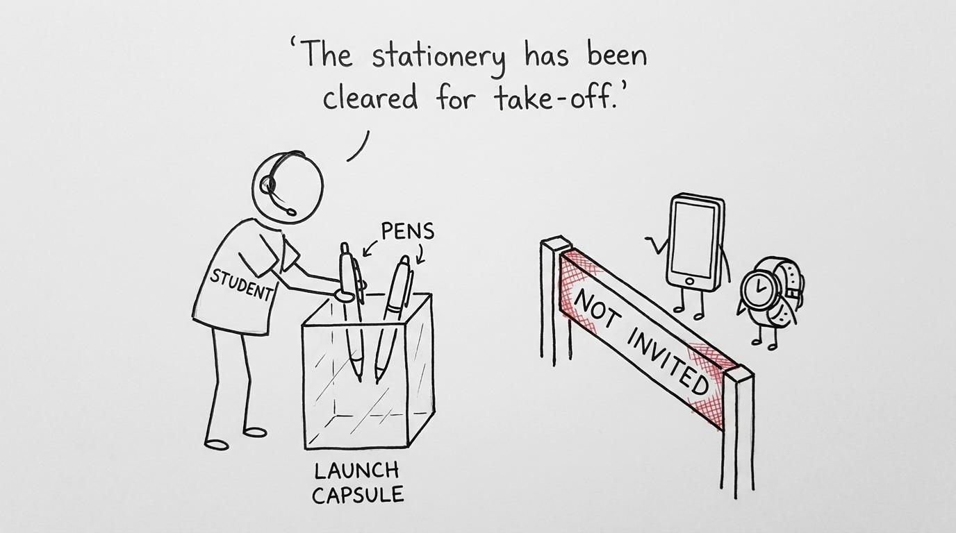 Black pens prepare for launch while a phone and watch wait behind a barrier
