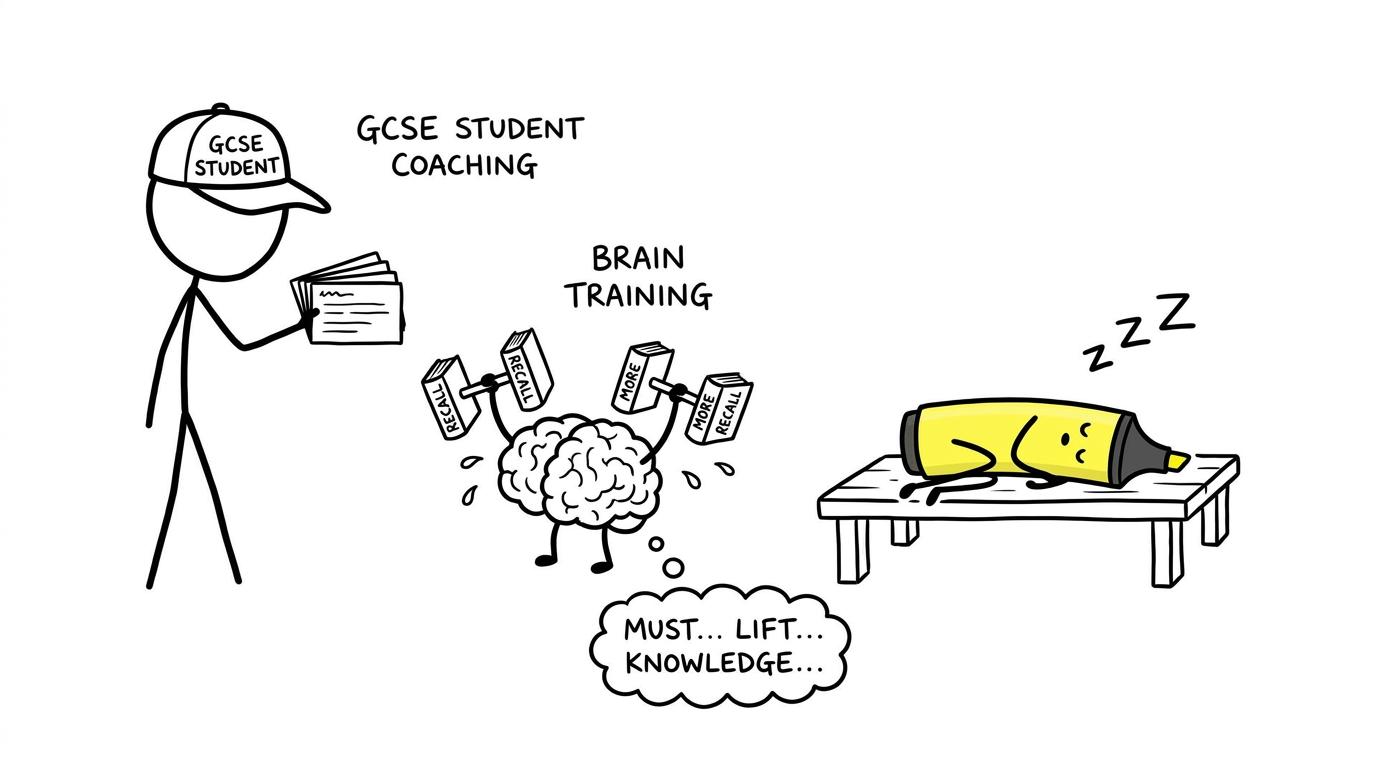 A cartoon brain trains with recall cards while a highlighter takes a nap