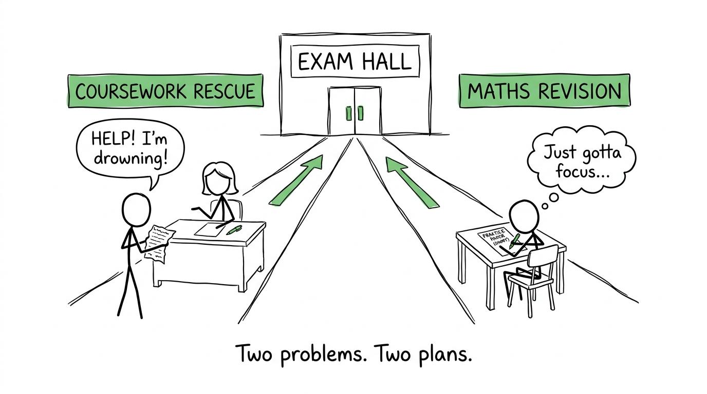 Two separate plans lead towards the exam hall: coursework rescue and maths revision