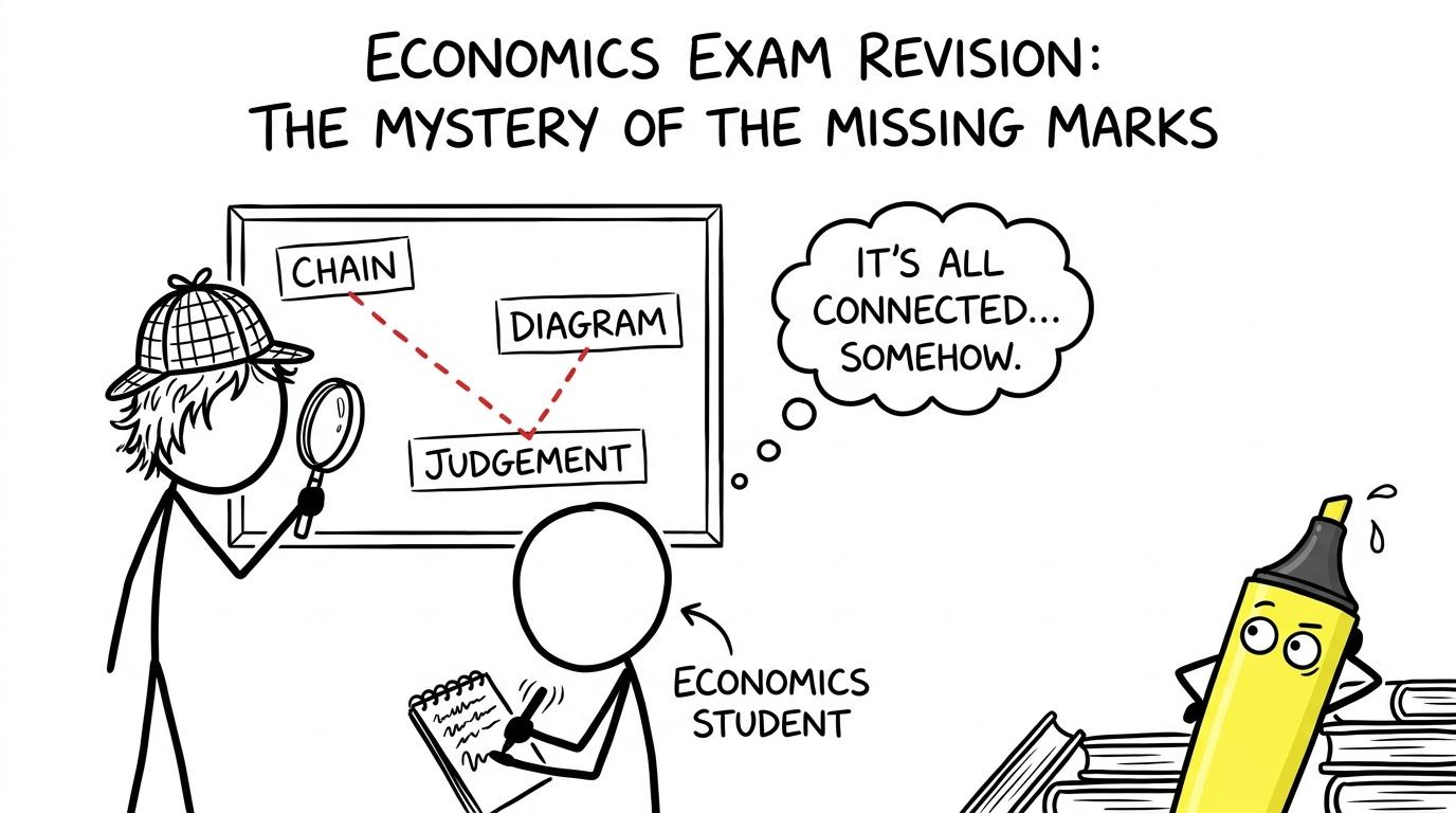 An economics detective connects chains, diagrams and judgement while watching a suspicious highlighter