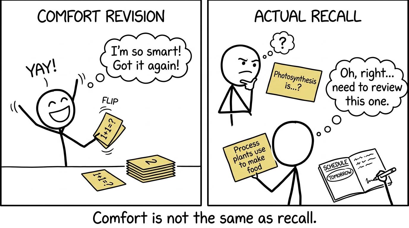 One student repeats an easy card while another uses effortful recall and schedules a review