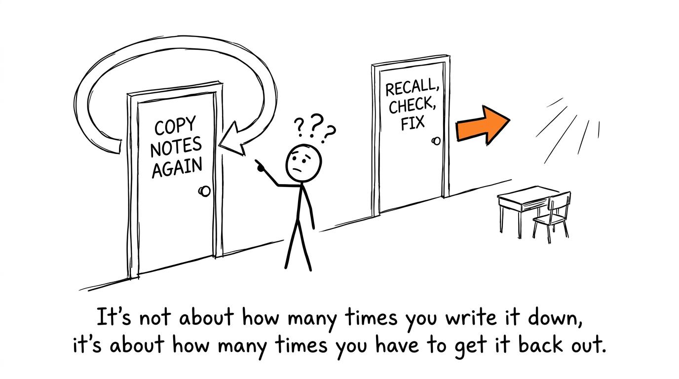 A student notices that copying notes leads in a circle while recall, checking and fixing leads forward