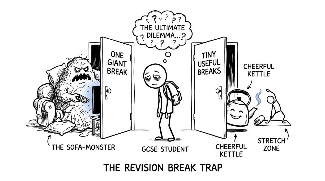 A student choosing between tiny useful breaks and a sofa monster