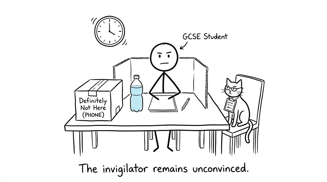 A GCSE student sits a home mock while a suspicious cat acts as the invigilator