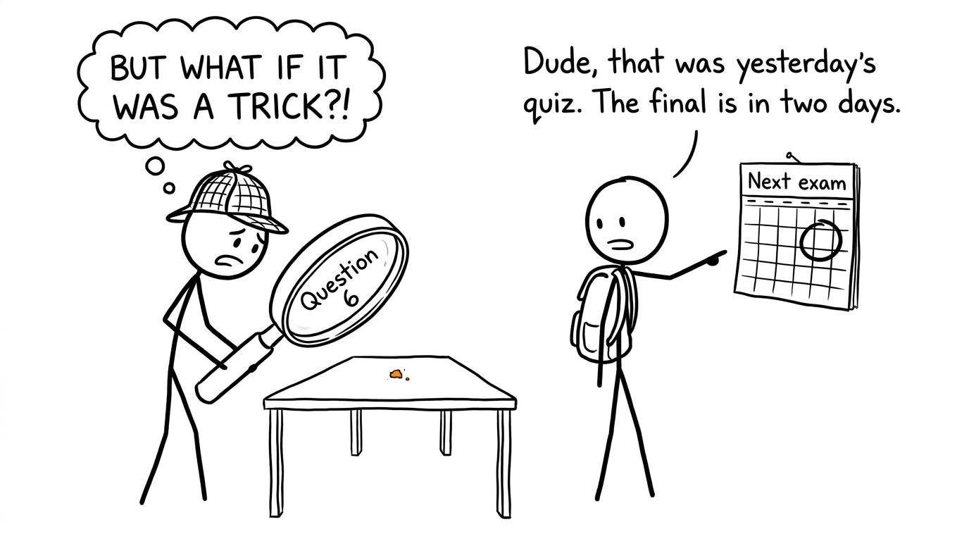 A student detective overanalysing one question while the next exam waits