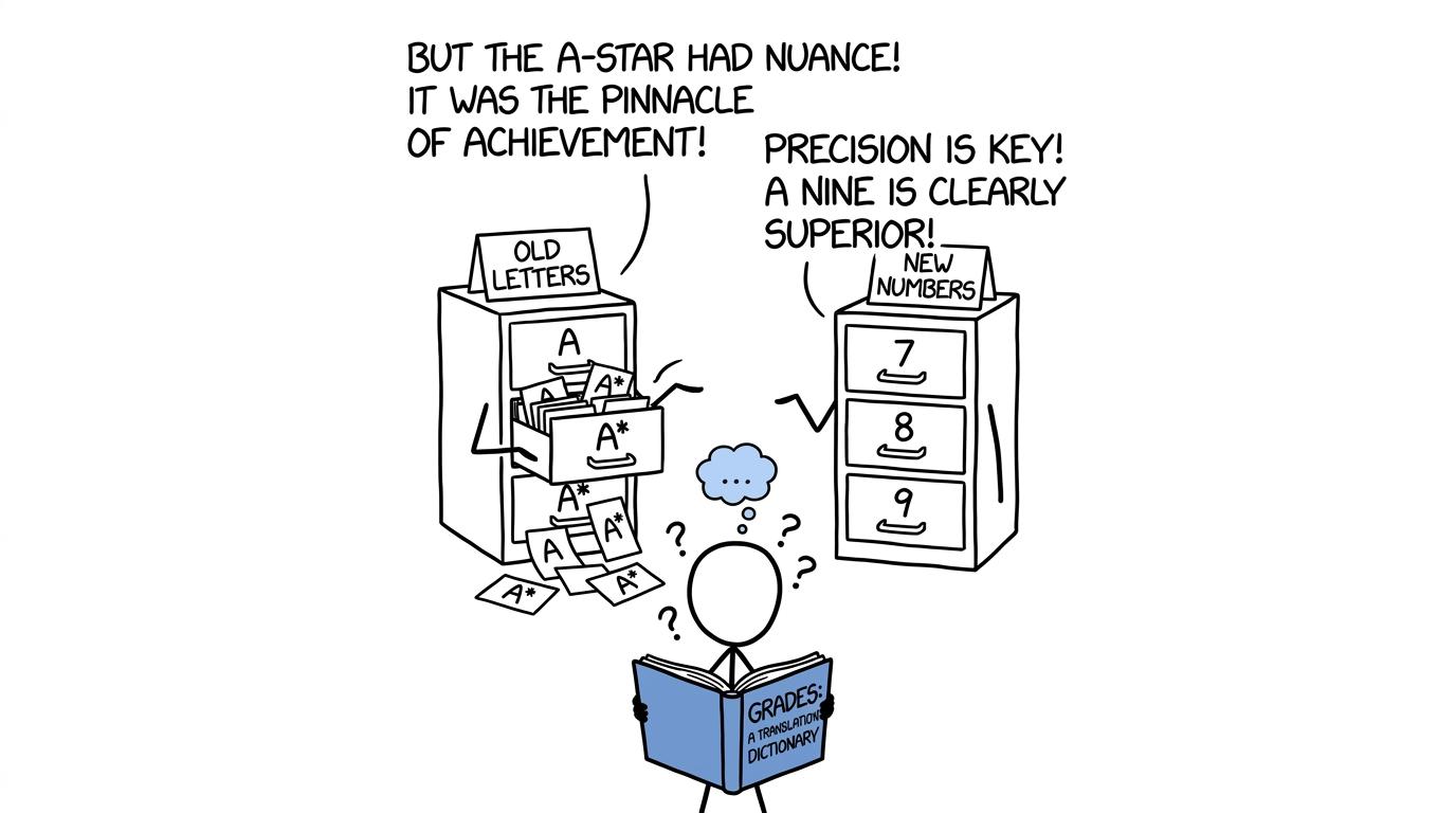 Old letter grades and new number grades attempt a difficult filing-cabinet translation