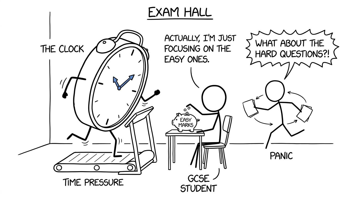 A student calmly banking easy marks while panic races the clock