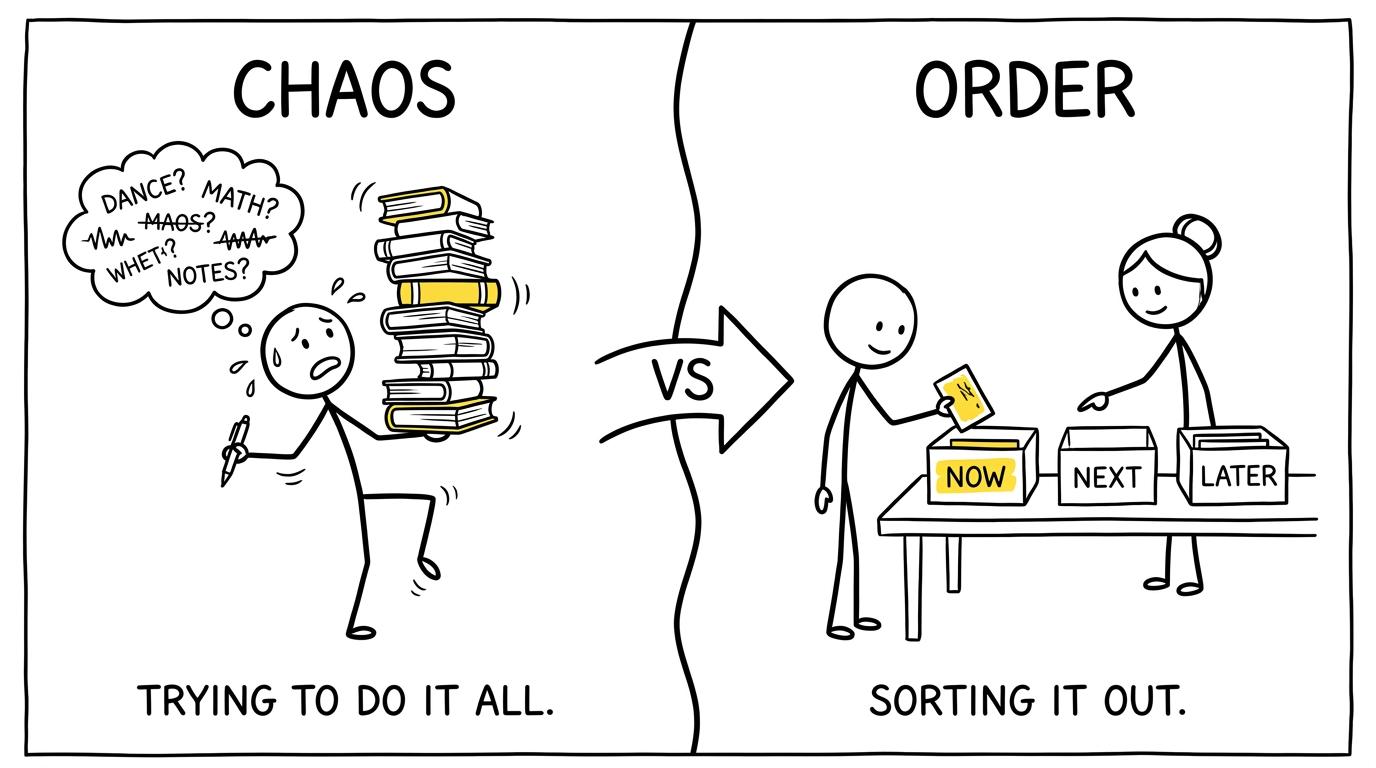 A chaotic workload becomes manageable when tasks are sorted into now, next and later