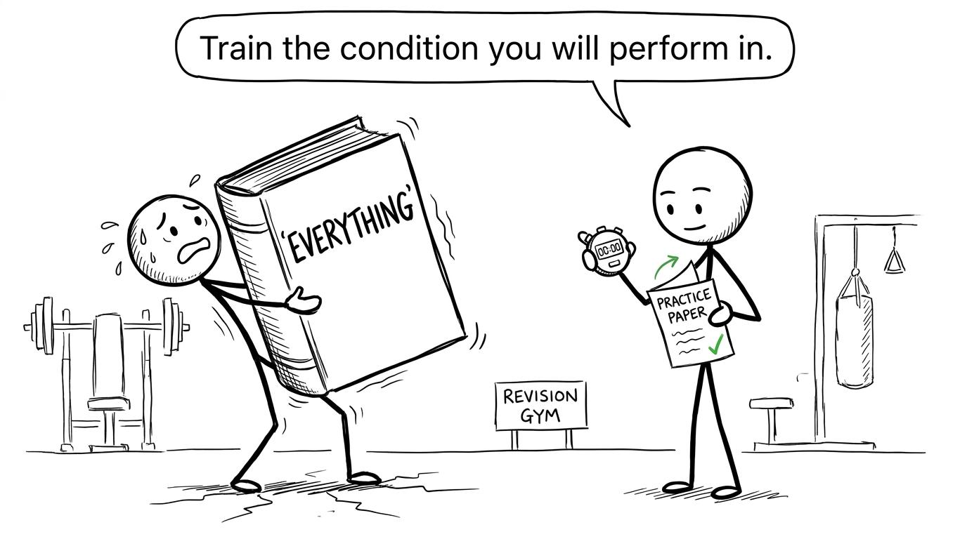 One student trains with a timer while another attempts to revise everything at once