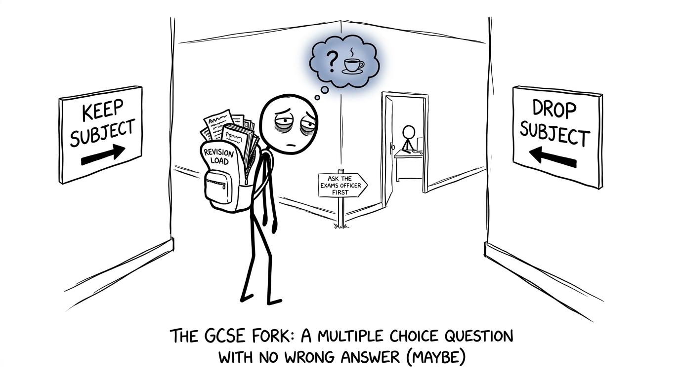 A GCSE student choosing between keeping and dropping a subject while the smallest sign recommends asking the exams officer