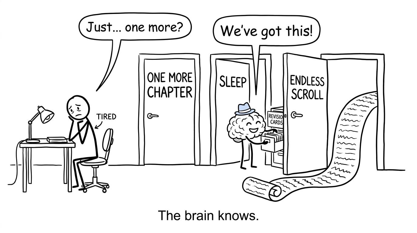A student chooses between endless revision and letting the brain file away what has been learnt