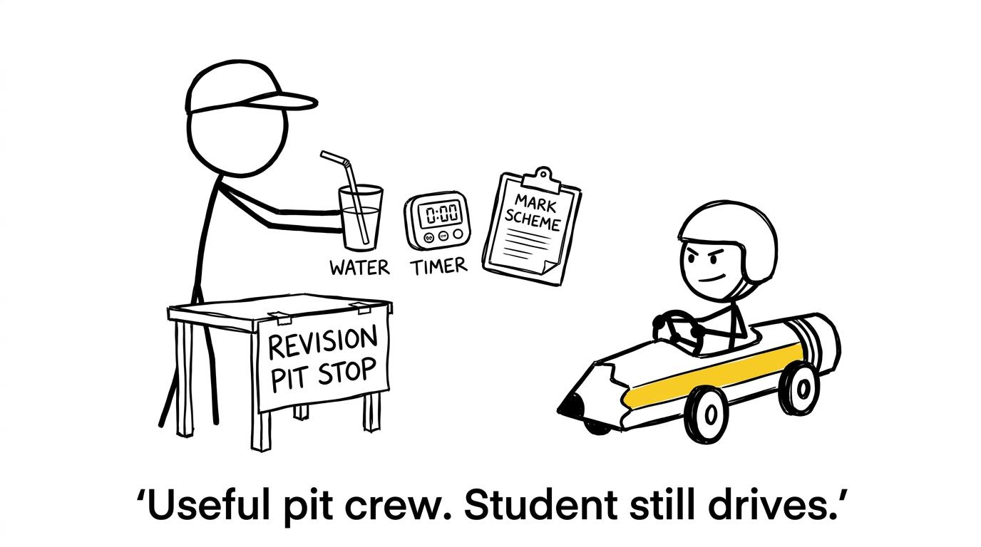 A parent provides revision pit-stop support while the student remains in control