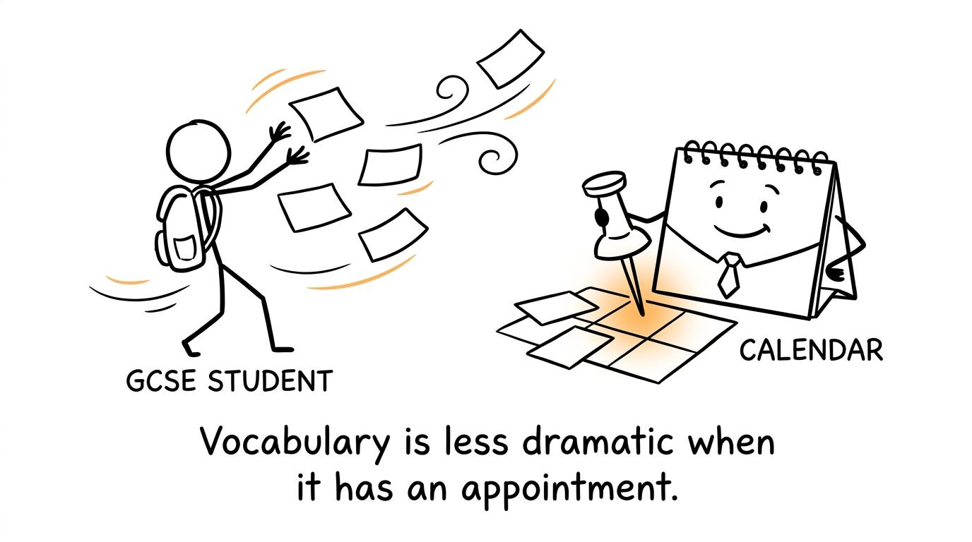 Vocabulary cards being calmly organised by a revision calendar