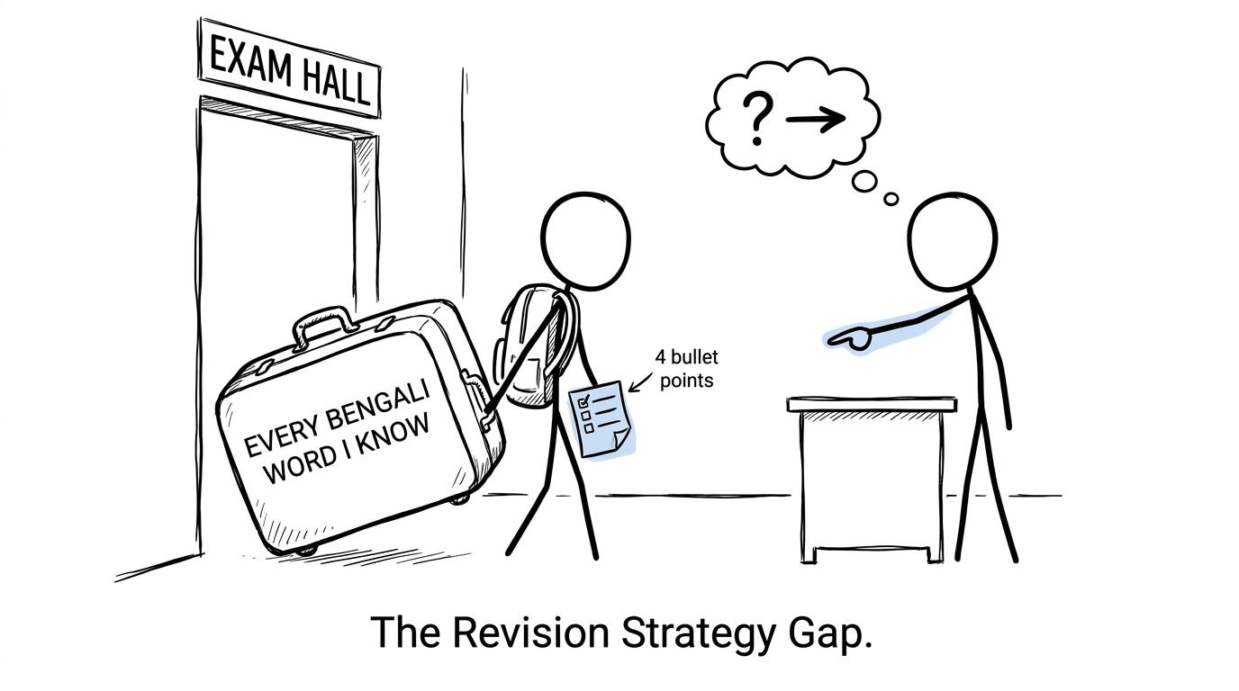 A student discovers that a short bullet-point checklist is more useful than carrying every Bengali word into the exam