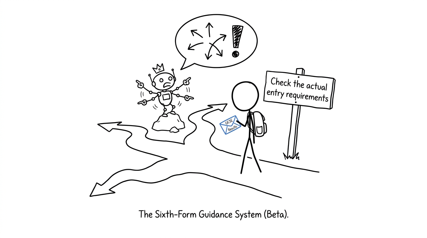A student and an overconfident robot confronting several sixth-form paths