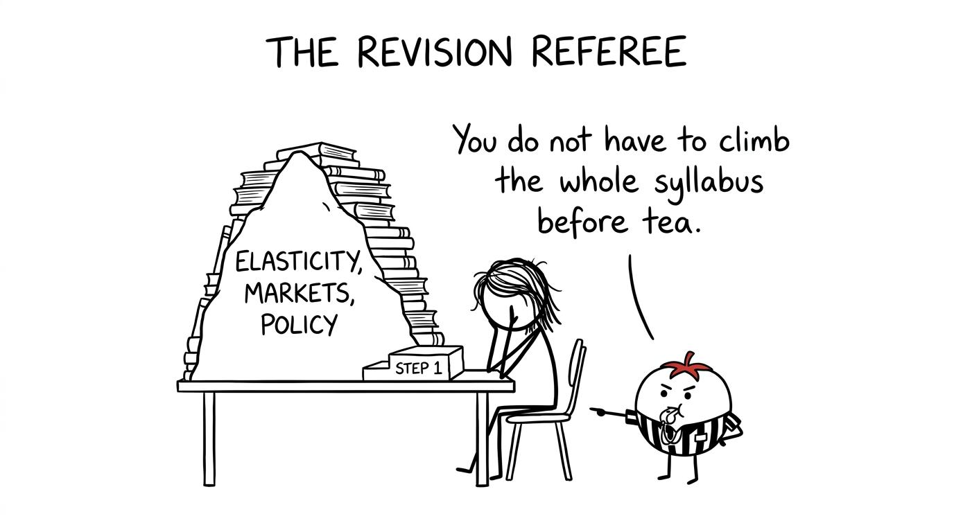 A tomato timer encourages a student facing a mountain of Economics revision