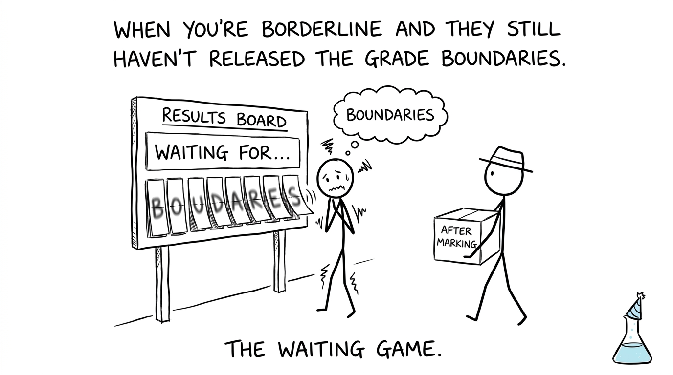 A student waiting for grade boundaries while an examiner carries a box labelled after marking