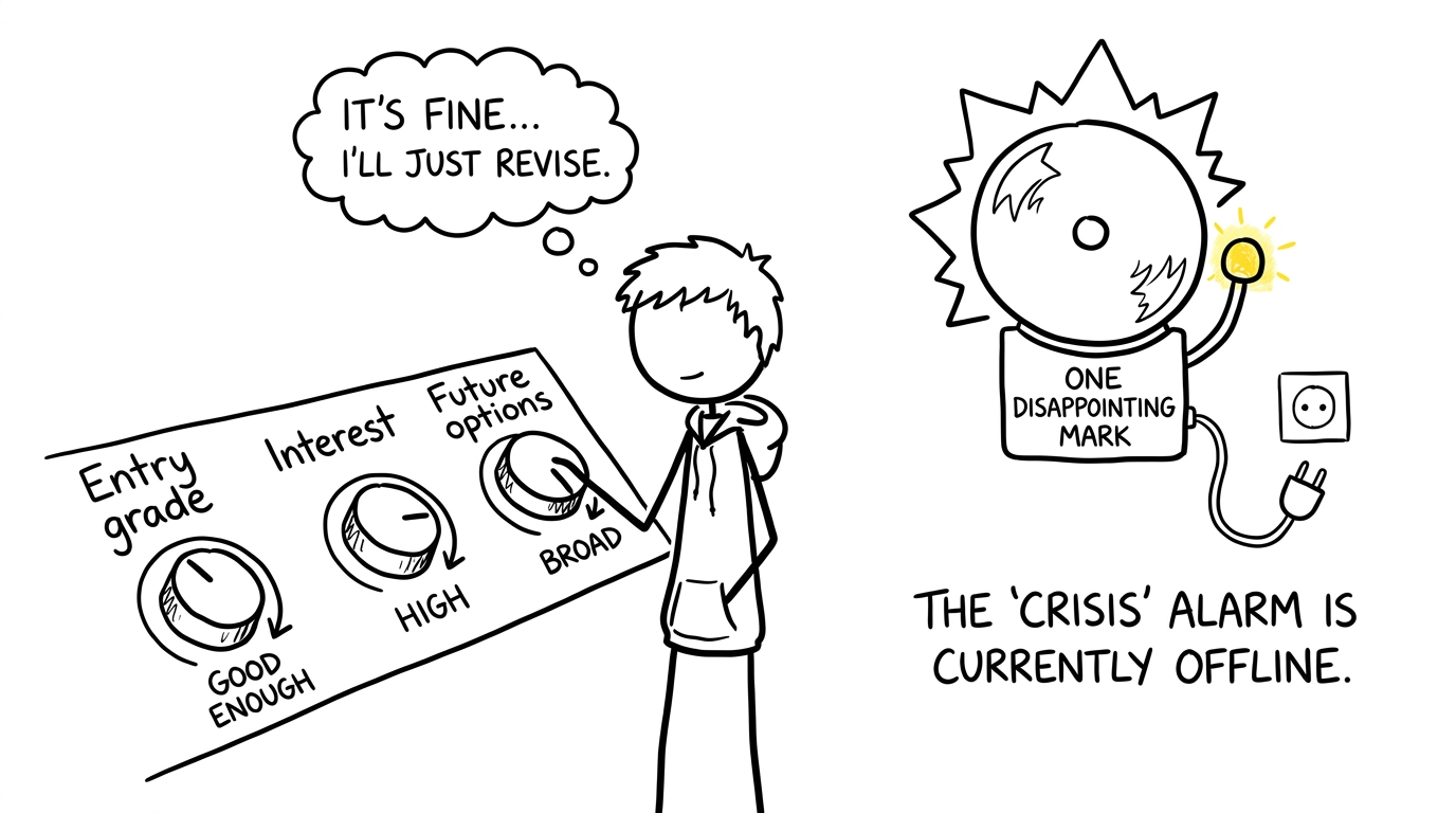 A calm student checks entry grade, interest and future options