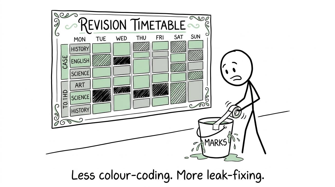 A student fixing leaks in a marks bucket instead of decorating a timetable