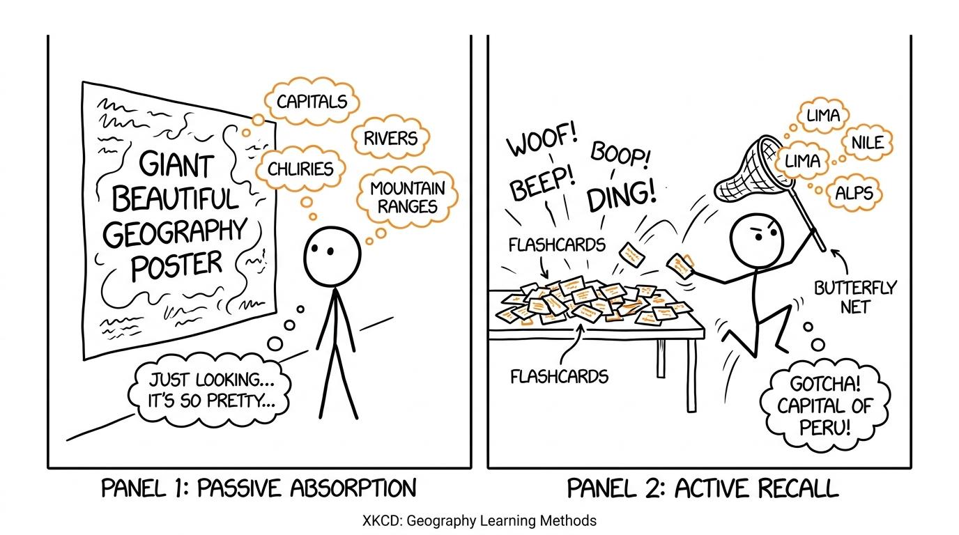 Active recall catches facts while passive rereading lets them drift away