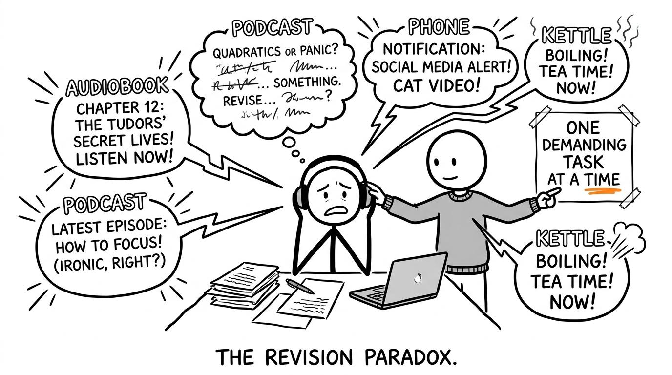 A student discovers that four revision tasks cannot all be the main task