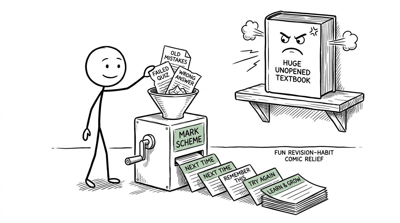 A mark-scheme machine turns mistakes into useful next-time cards