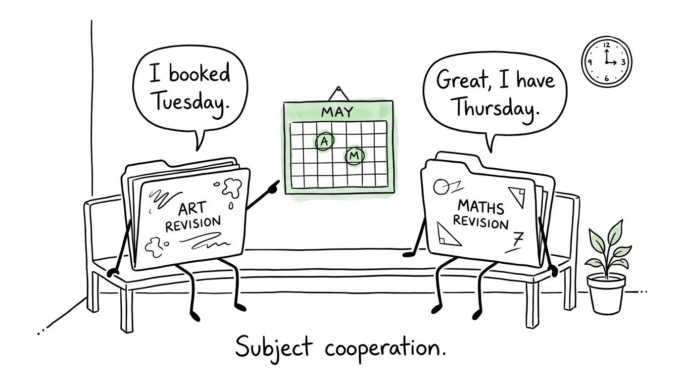 Art and maths folders calmly negotiate their places on a shared calendar