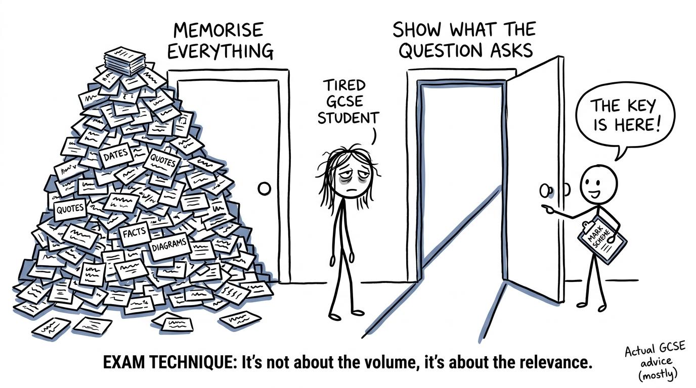 A student chooses between memorising everything and answering the question asked
