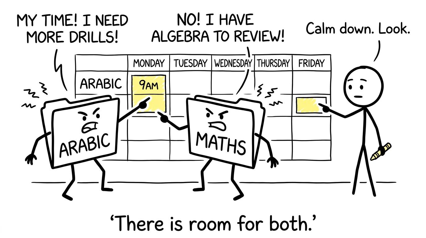 Arabic and maths negotiate peacefully over a student's weekly revision timetable