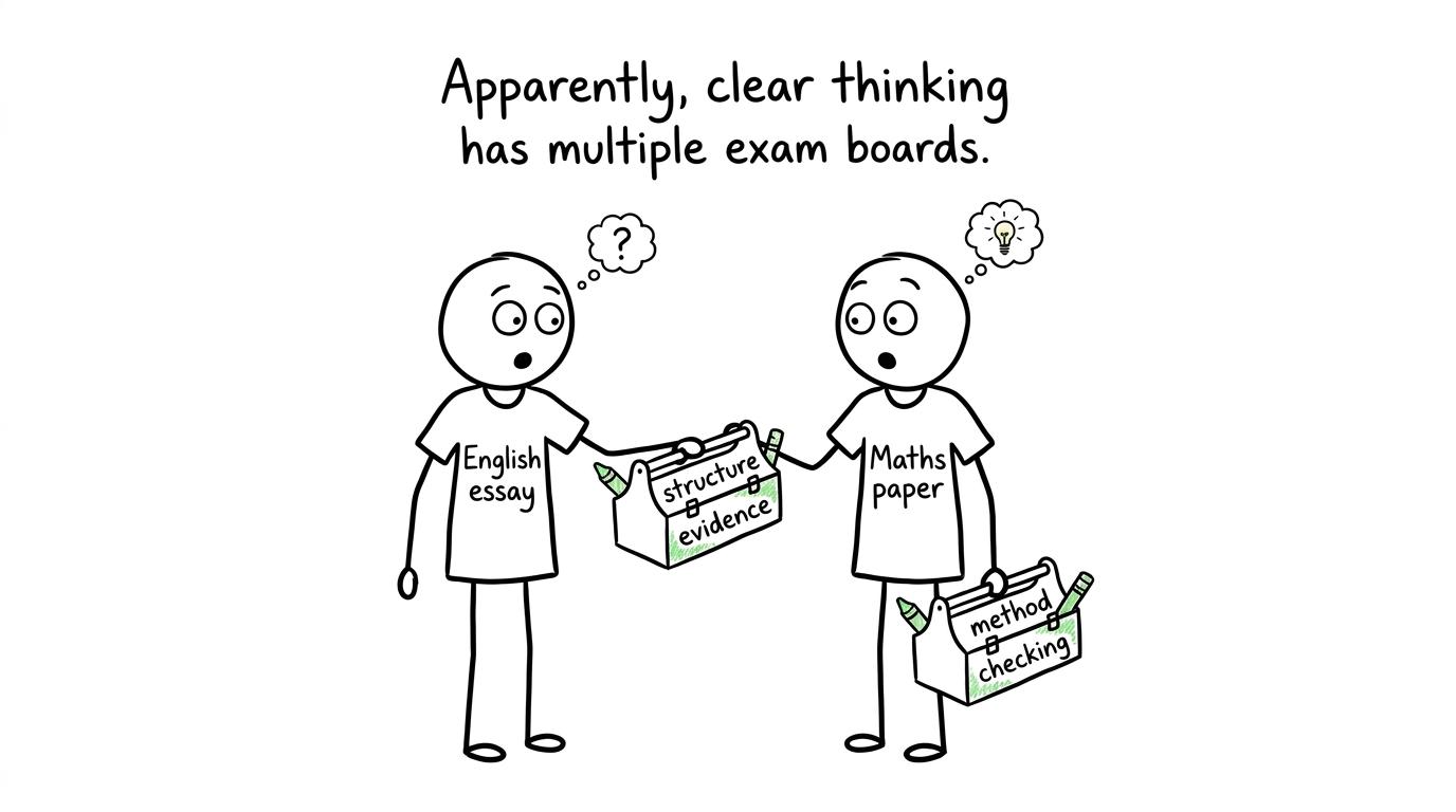 English and maths students discovering that structure, evidence, method and checking are shared tools