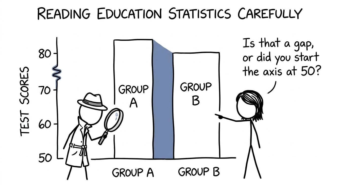 A stick-figure detective checks whether a dramatic chart uses a misleading axis