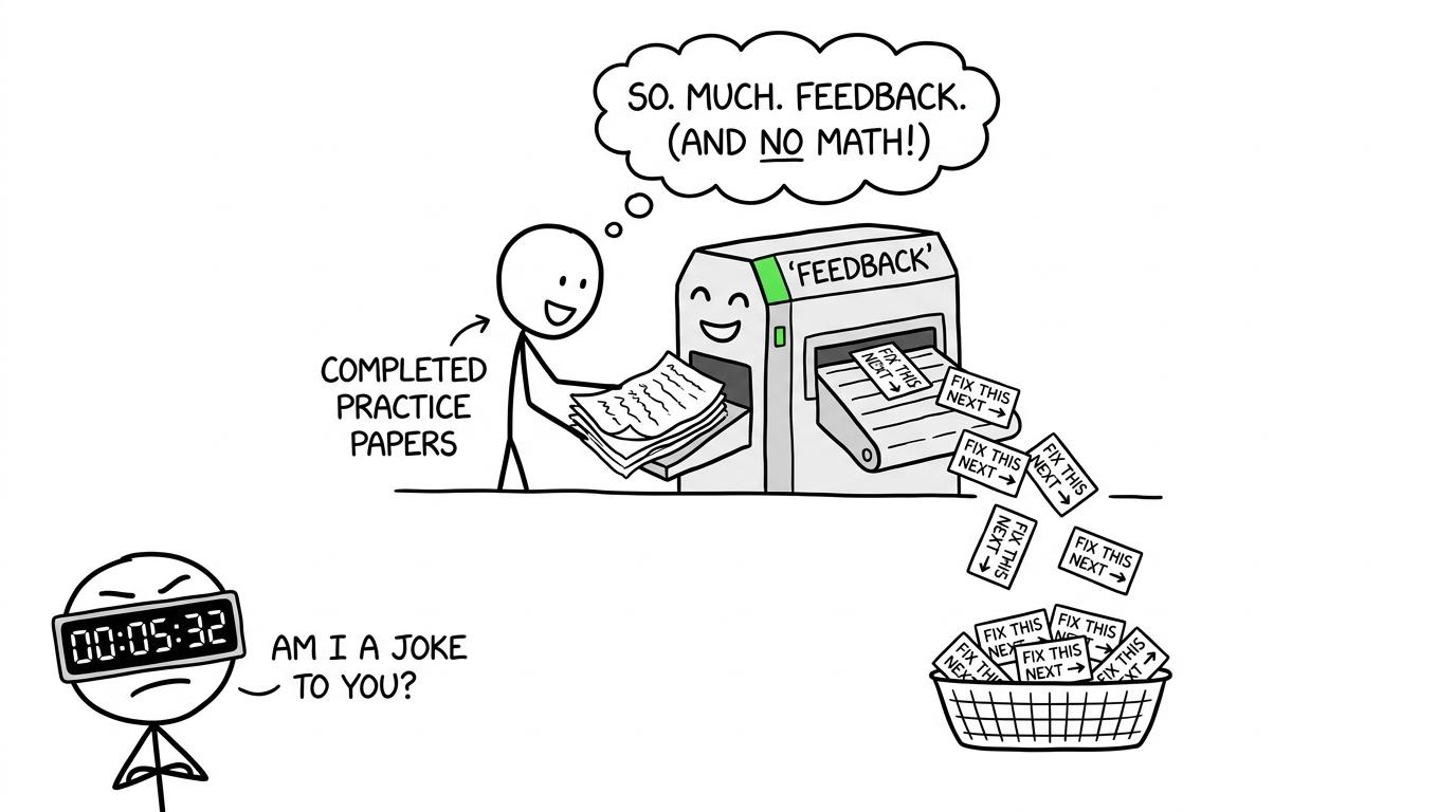 A feedback machine produces useful revision tasks while the countdown looks jealous