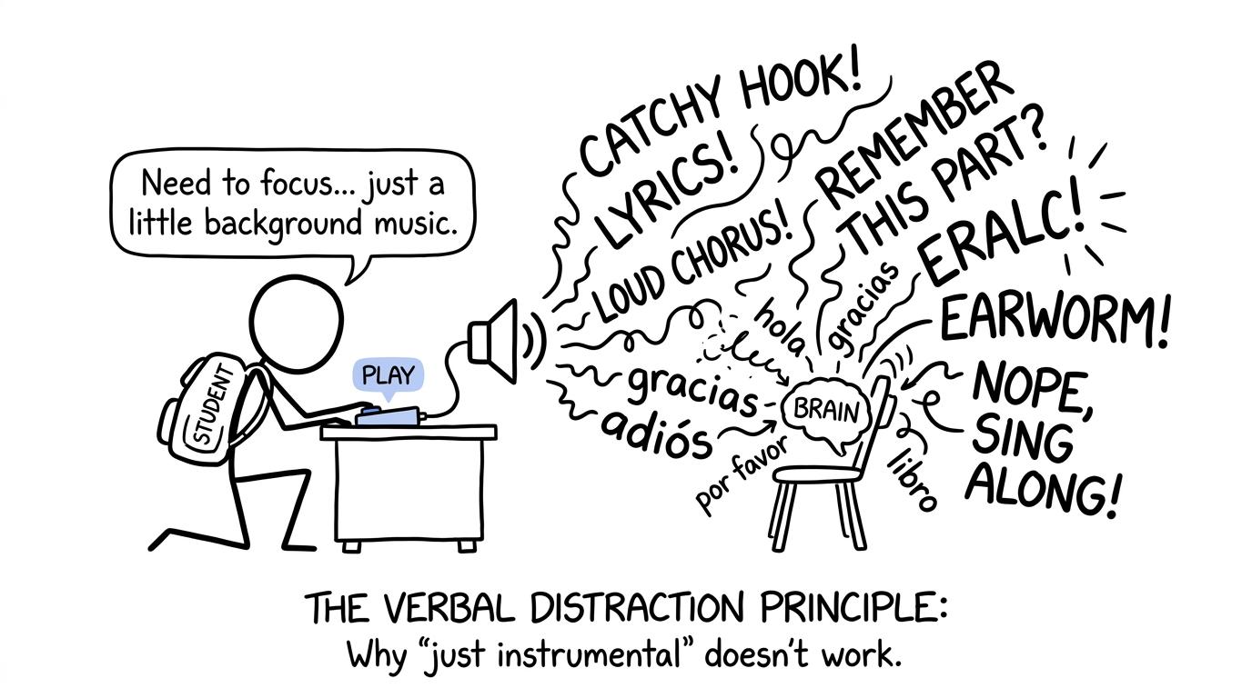 Song lyrics and Spanish vocabulary compete for the brain's only chair