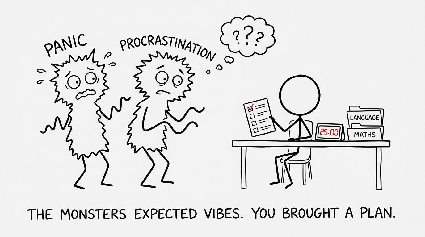 A calm student defeats the revision monsters with a checklist