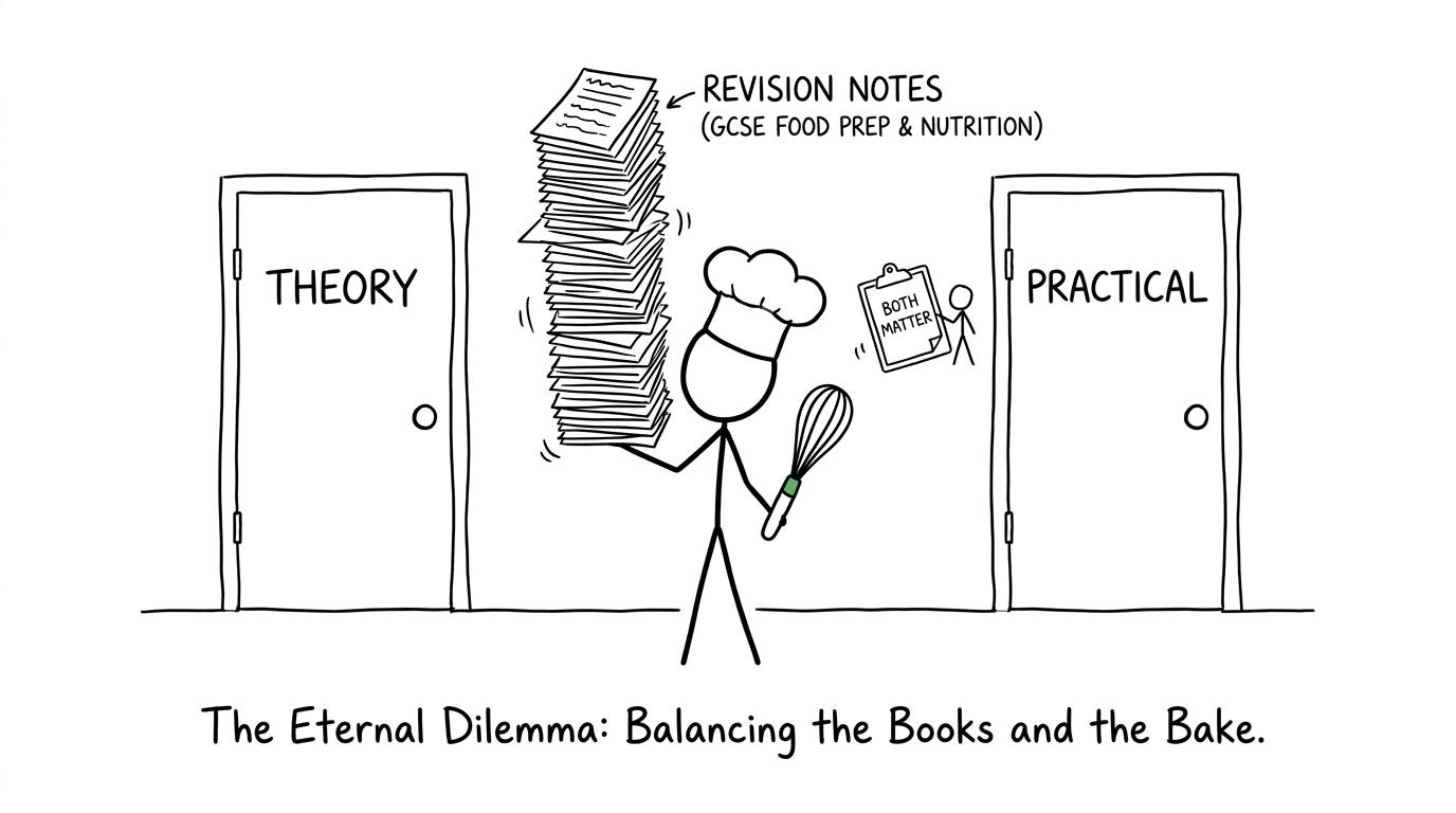 A student chef balancing theory notes and practical cooking