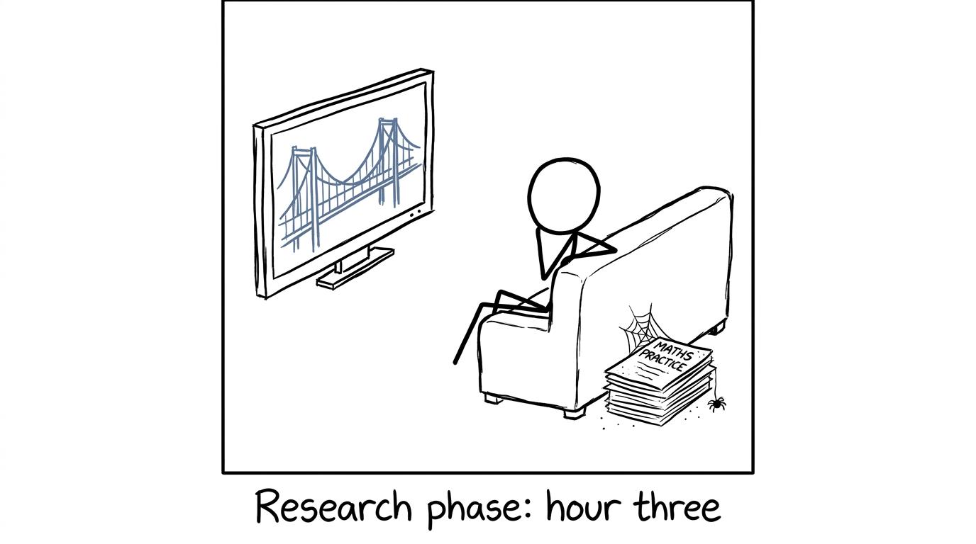 A student conducts a very long research phase while a practice paper waits