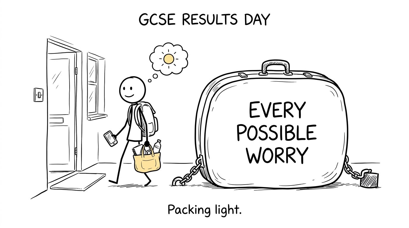 A student leaves an enormous suitcase of worries at home