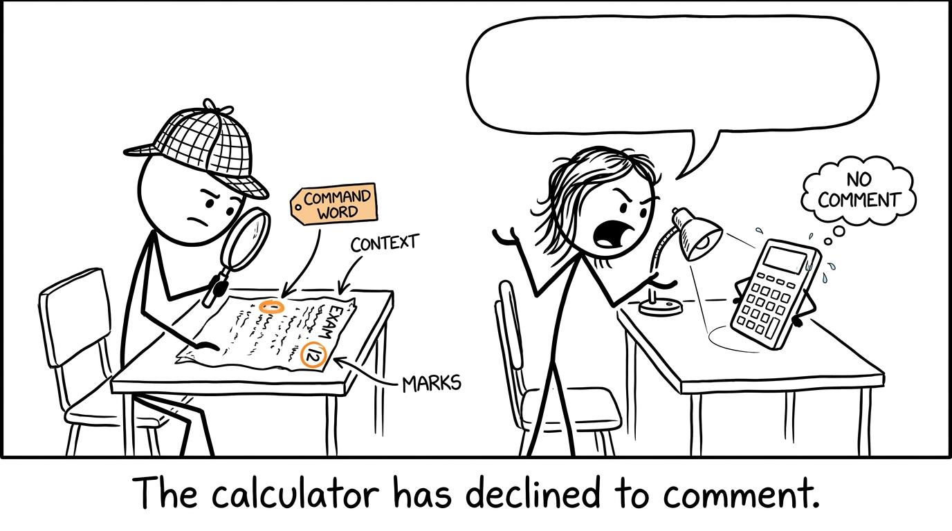 An exam-paper detective searches for command words while a calculator refuses to comment
