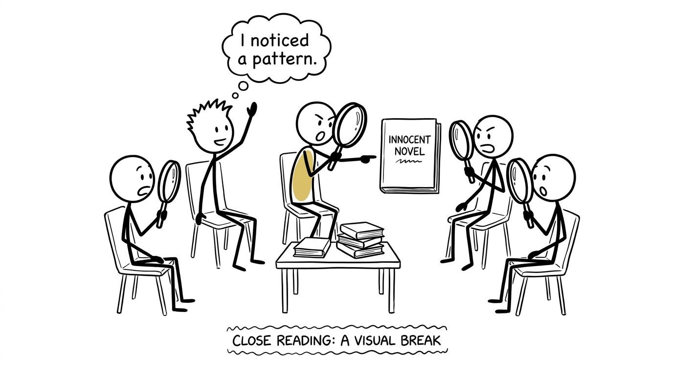 Students dramatically examining a novel with magnifying glasses during a discussion club