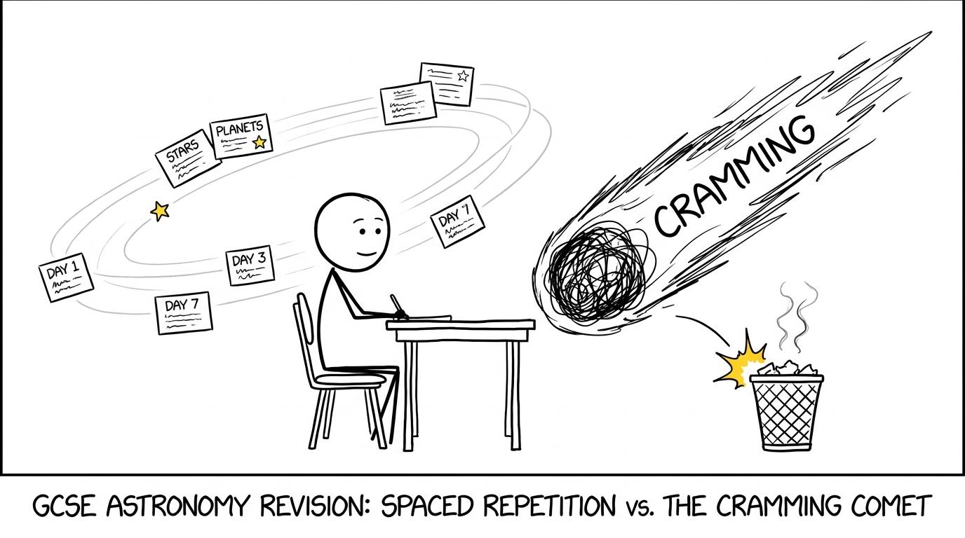 Flashcards orbiting a calm student while a cramming comet lands in a wastepaper basket